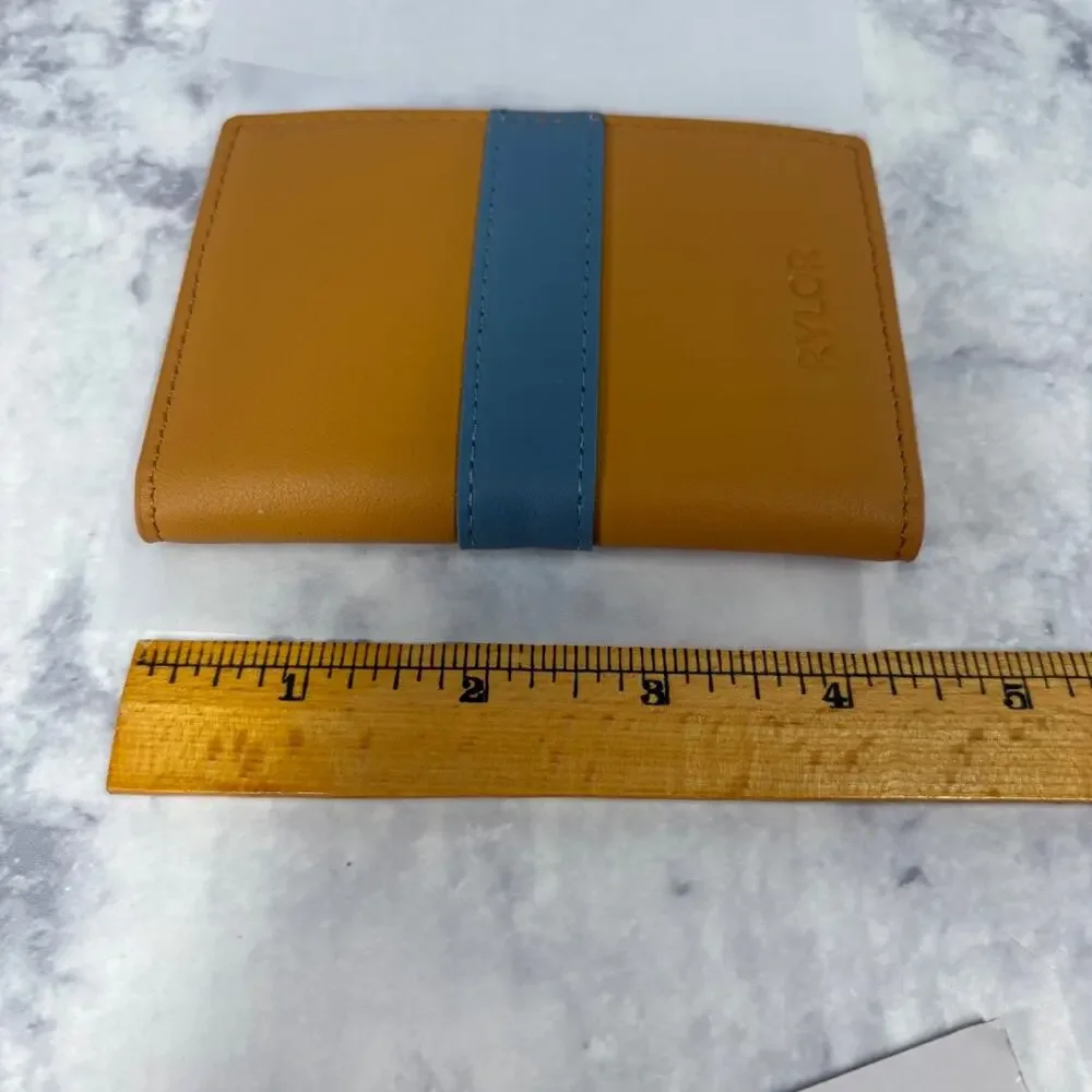 New RYLOR Stripe Bifold Luxury Oiled Leather Wallet Brown &Blue Gift Slim Card